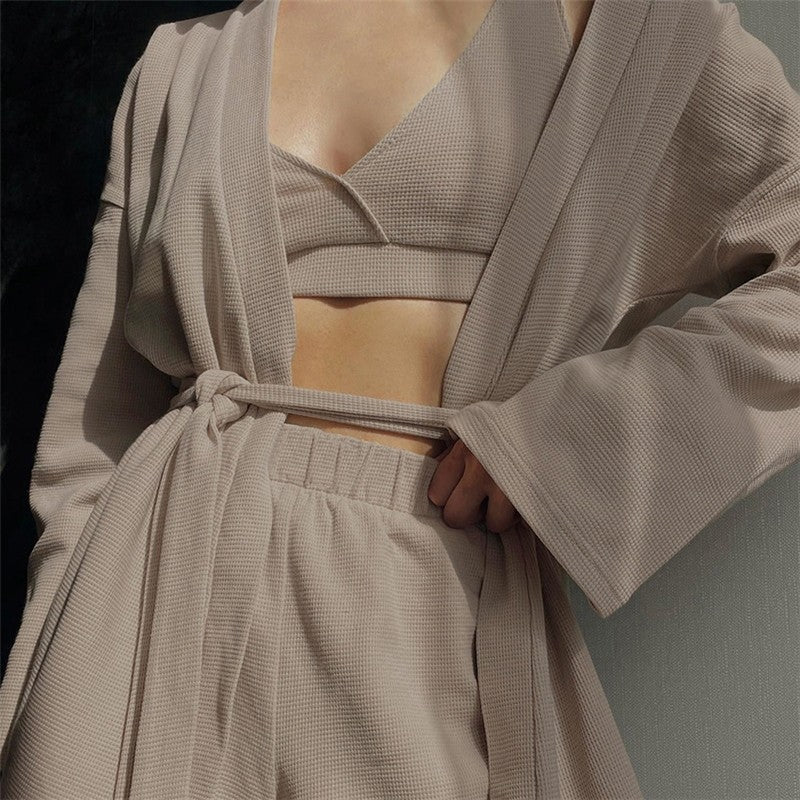 Waffle Pattern Bralette, Waist-Tied Cardigan, and Shorts Set - Cozy Loungewear