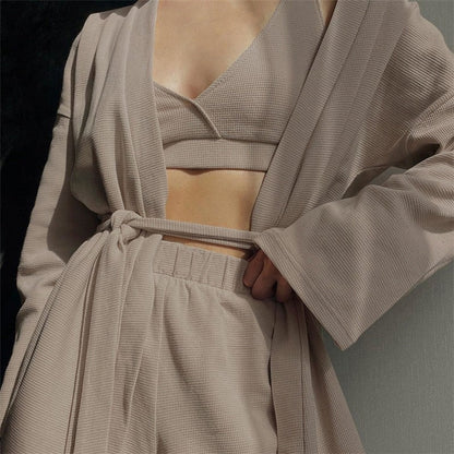 Waffle Pattern Bralette, Waist-Tied Cardigan, and Shorts Set - Cozy Loungewear