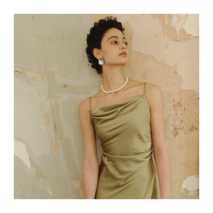 Solid Color Satin Waistband Sling Dress with Figure-Flattering Silhouette