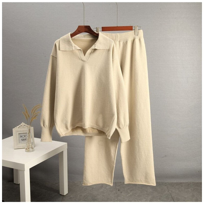 Solid Knit Sweater and Wide Leg Pants Set