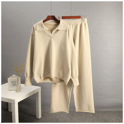 Solid Knit Sweater and Wide Leg Pants Set