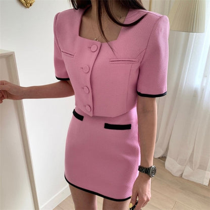Stylish Ensemble featuring Color-Blocked Jacket and A-Line Skirt