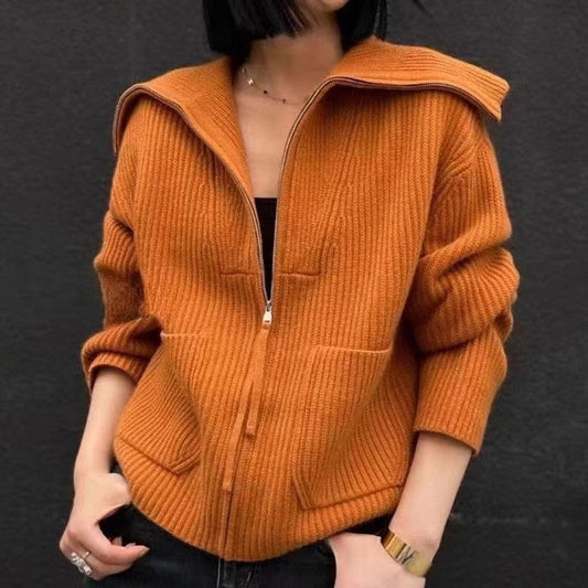 Solid Color Long Sleeve Hooded Pockets Zipper Cardigan Sweater