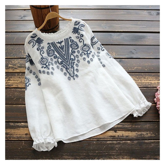 Ethnic-Inspired Loose Fit Pleated Long Sleeve T-Shirt with Embroidery