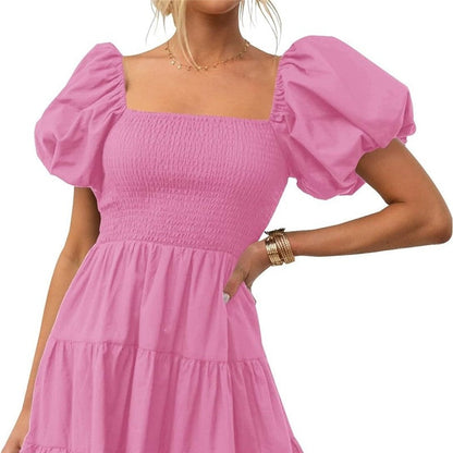 Square Neck Off-Shoulder Bubble Sleeve Dress