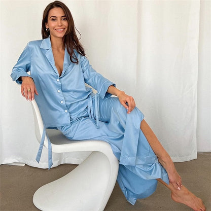Solid Color Long Sleeve Lapel Buttoned Blouse and Side Slit Pants Two-Piece Homewear Pajama Set
