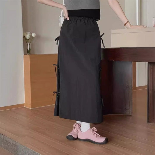 Solid Color Bow Tie Waist Midi Skirt
