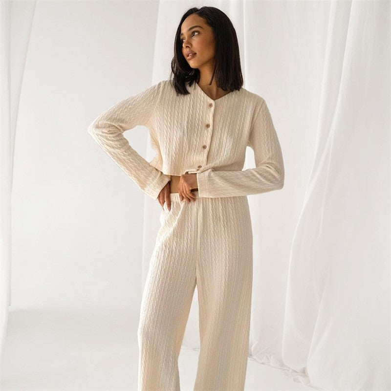 Solid Color Knitted V-Neck Cardigan and Pants Lounge Suit