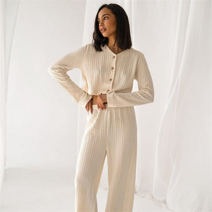 Solid Color Knitted V-Neck Cardigan and Pants Lounge Suit