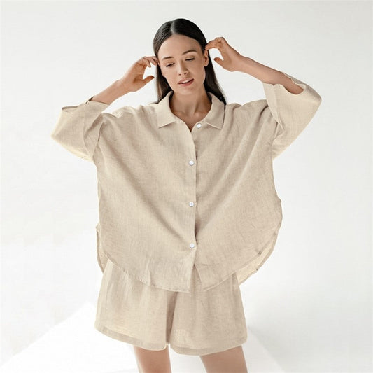 Cotton Linen Women's Seven-Quarter Sleeve Top and Shorts Pajama Set