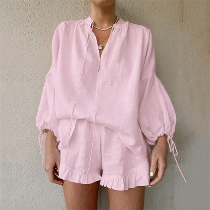 Relaxed Fit V-Neck Lantern Sleeve Solid Color Shorts Set