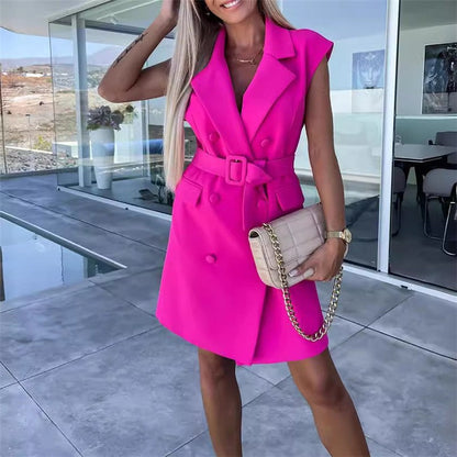 Mandarin Collar Sleeveless Dress with Waist Belt