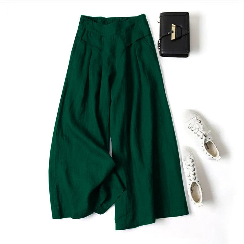 Solid Color Half Elastic Waist Wide Leg Ramie Cotton Pants