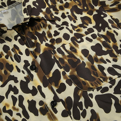 Leopard Print Loose Fit Lapel Long Sleeve Blouse and Ants Two-Piece Lounge Suit