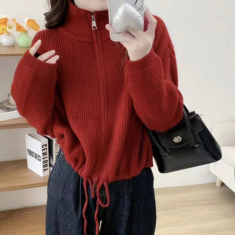 Solid Color Long Sleeve Zipper Drawstring Hemline Knitted Cardigan Sweater