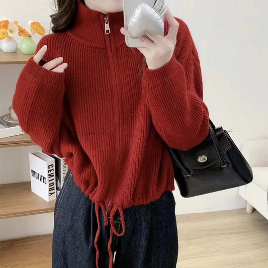 Solid Color Long Sleeve Zipper Drawstring Hemline Knitted Cardigan Sweater