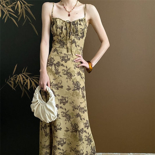 Floral Ink Print Strappy Waist-Tie Cami Dress