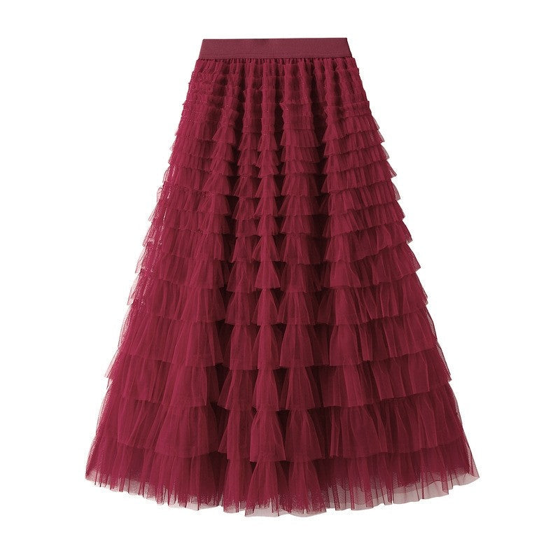 Ruffled A-Line Mesh Cake Skirt with Elastic Waist in Solid Color