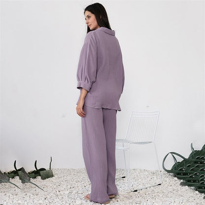 Crepe Two-Piece Pyjama Set with Blouse and Trousers for Women