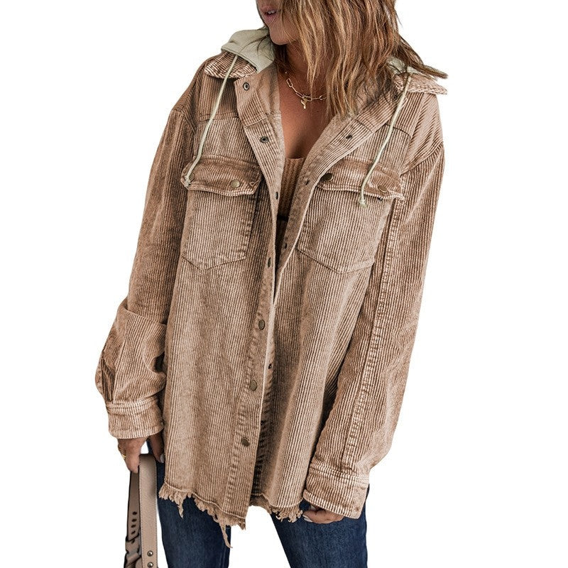 Loose Corduroy Color Block Hooded Jacket