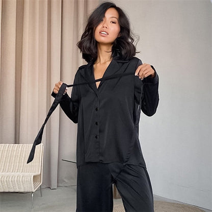 Solid Color Long Sleeve Lapel Buttoned Blouse and Side Slit Pants Two-Piece Homewear Pajama Set
