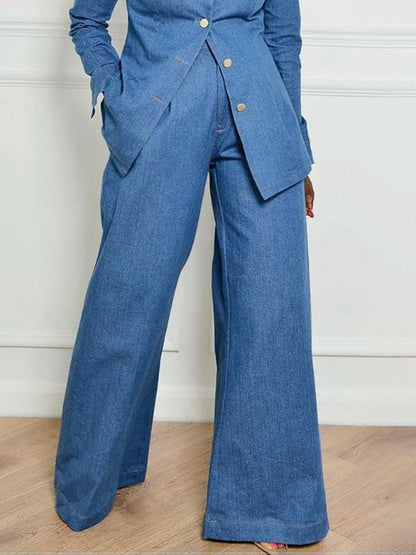 High-Waisted Loose Fit Jeans with Pockets and Lapel - Solid Color