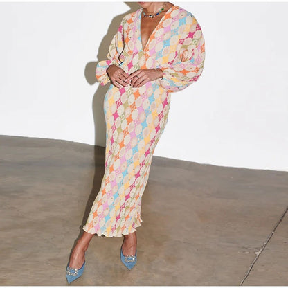 Retro Maxi Dress with Deep V-Neck and Long Sleeves