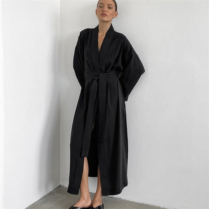 Long Sleeve Solid Color Night Gown with Waist Tie and Slit