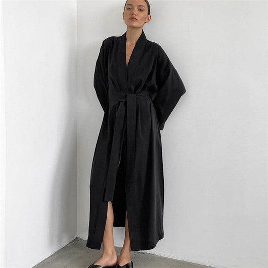 Long Sleeve Solid Color Night Gown with Waist Tie and Slit