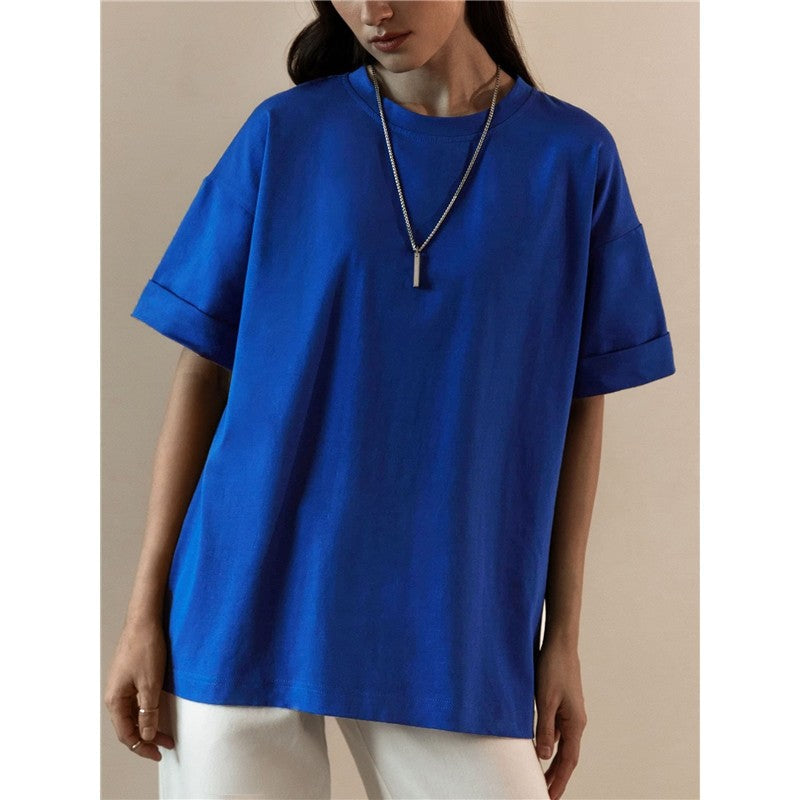 Casual Loose Solid Color Cotton Crewneck T-Shirt