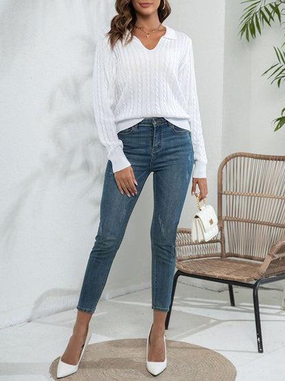 Long Sleeves Loose Solid Color Split-Joint Lapel Sweater Tops