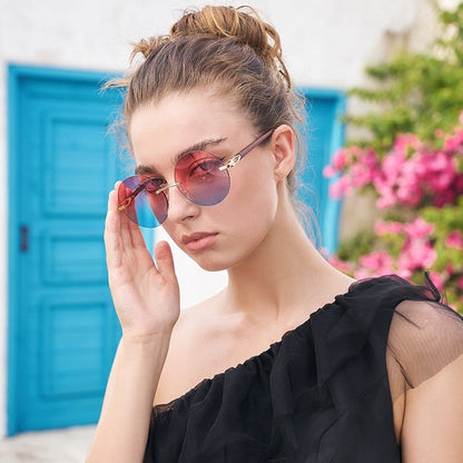 Ladies' Rimless Round Wood Grain Cut Edged Sunglasses