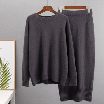 Solid Color Long Sleeve Crewneck Sweater and Skirt Set