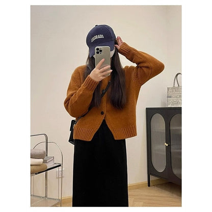 Solid Color Long Sleeve Crewneck Single Breasted Casual Loose Knitted Cardigan