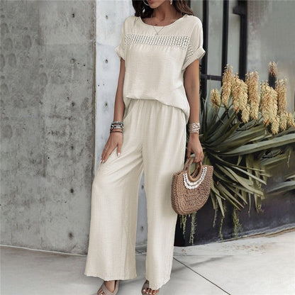 Casual Solid Color Short Sleeve Top and Long Pants Set