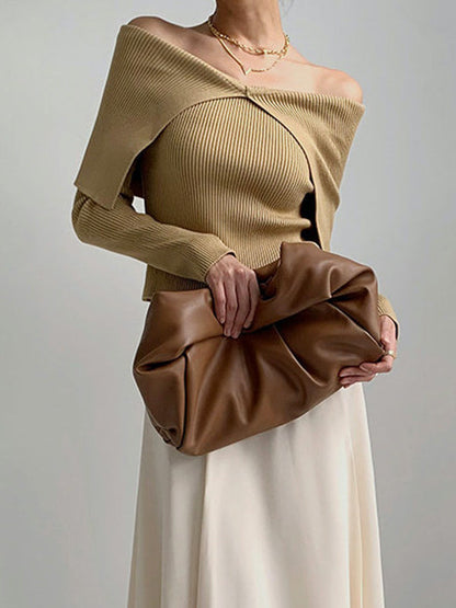 Long Sleeves Skinny Solid Color Lapel Knitted Hats Pullovers Sweater Tops