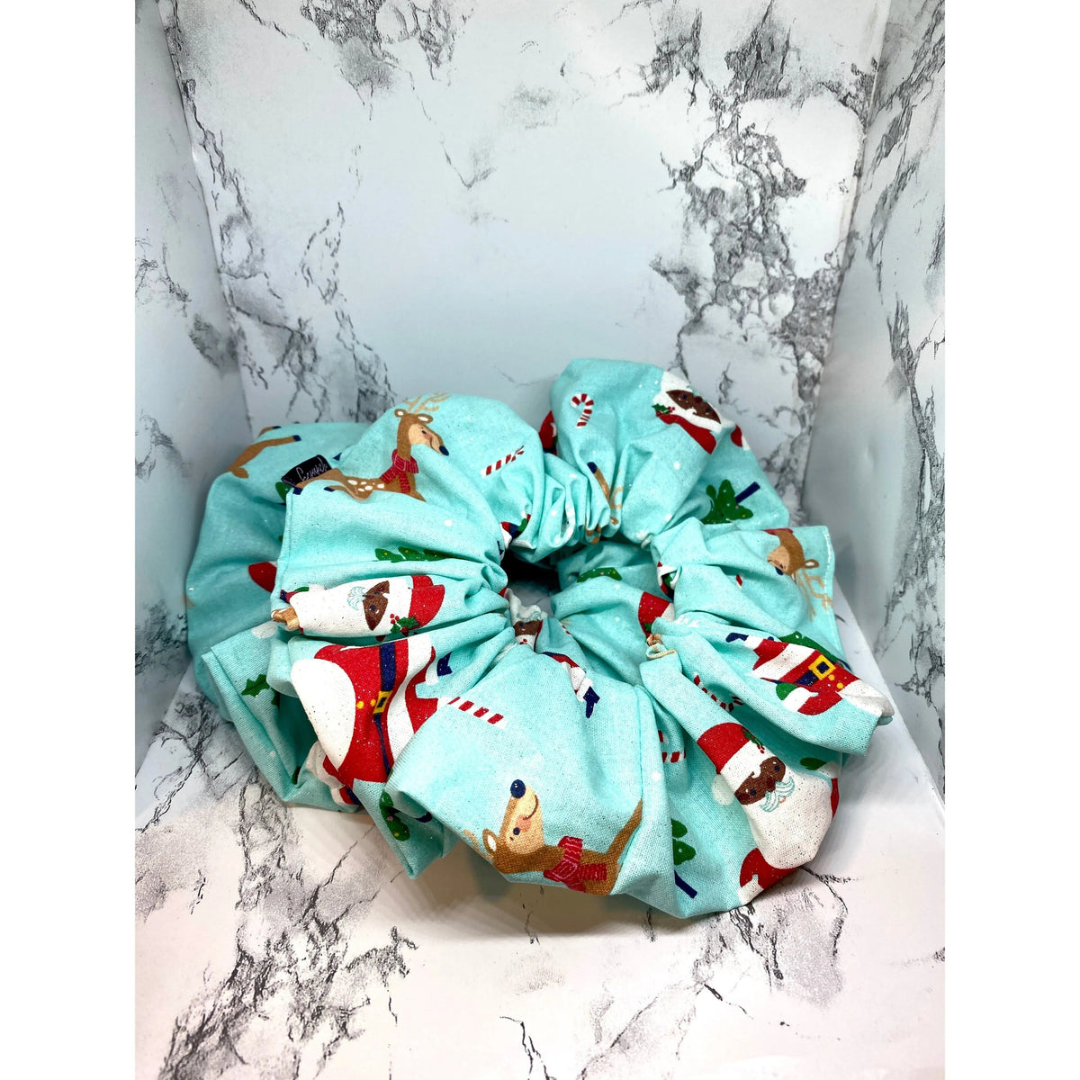Blue Santa and Reindeer Christmas Scrunchie