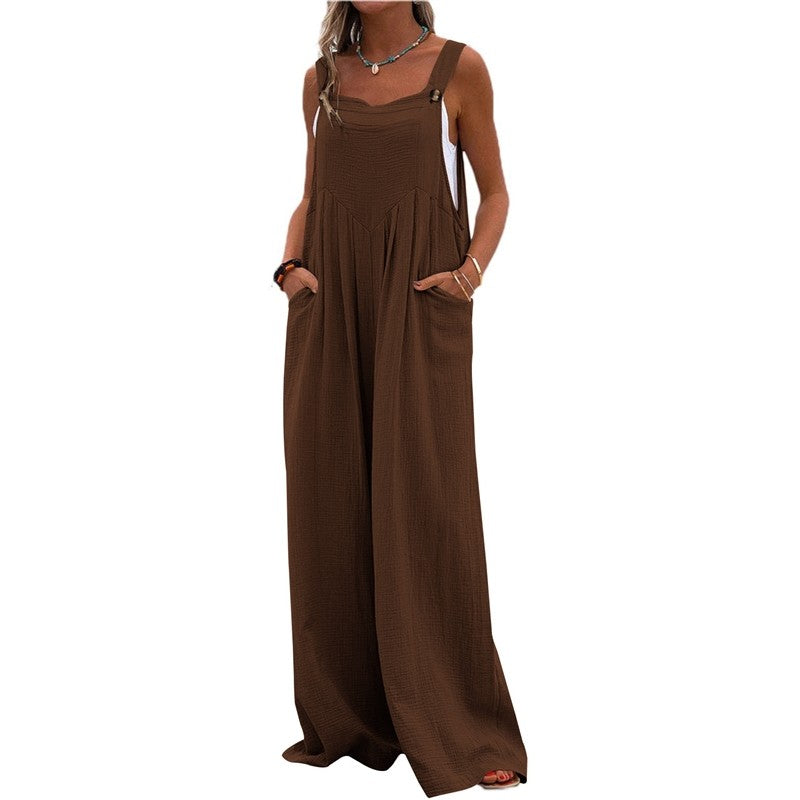 Solid Color Sleeveless Casual Loose Wide Leg Jumpsuits