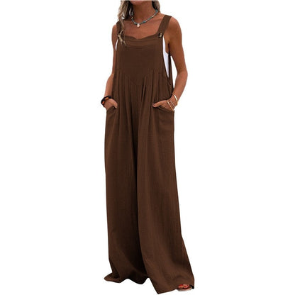 Solid Color Sleeveless Casual Loose Wide Leg Jumpsuits