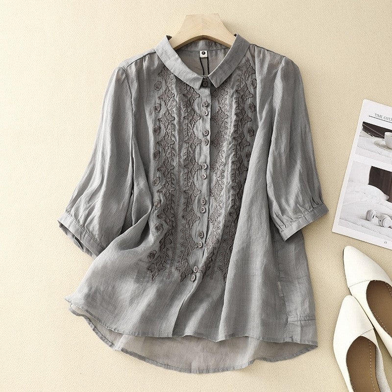 Solid Color Lapel Three-Quarter Sleeve Embroidery Retro Blouse