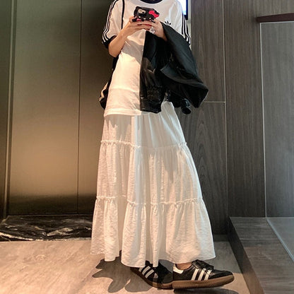 Elegant Solid Color Elastic Waist Pleated A-Line Maxi Skirt