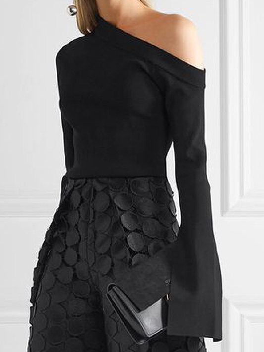 Skinny Asymmetric One-Shoulder Long Sleeve Solid Color Top