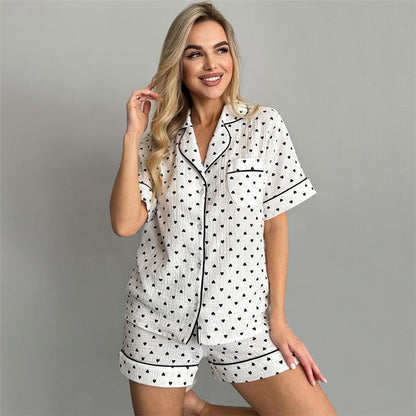 Heart Print Short Sleeve Pajama Set for Women - Breathable Fabric