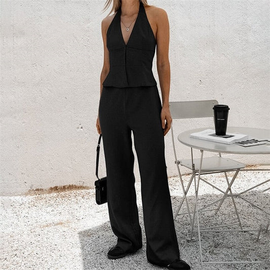 Slim Fit V-Neck Backless Two-Piece Set