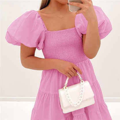 Square Neck Off-Shoulder Bubble Sleeve Dress