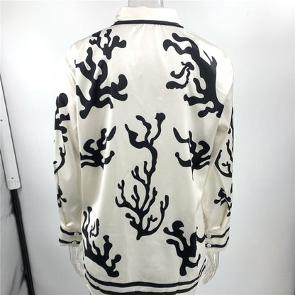 Relaxed Satin Top with Printed and Color-Blocked Design