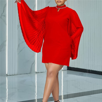 Chic Solid Color Bell Sleeve Dress with Pleats and Studs