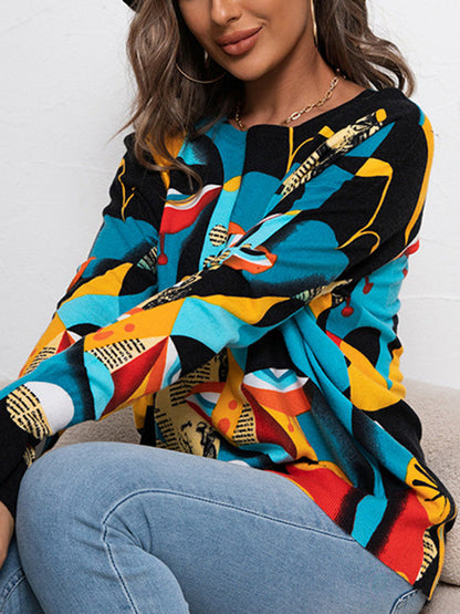 Long Sleeves Figure Printed Round-Neck Knitwear Pullovers Sweater Tops