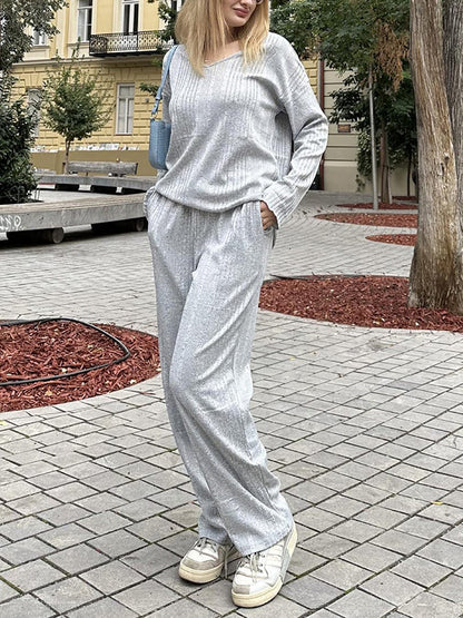 Long Sleeves Loose Solid Color V-Neck Shirt Top + Pants Bottom Pajama Sets