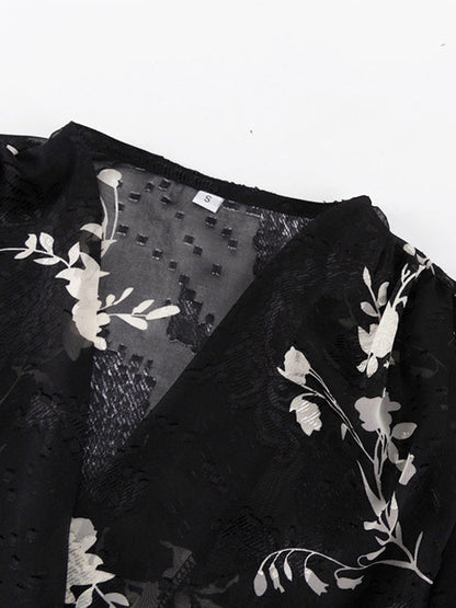 Loose Puff Sleeves Gauze Jacquard Lace-Up Pleated See-Through V-Neck Blouses&Shirts Tops